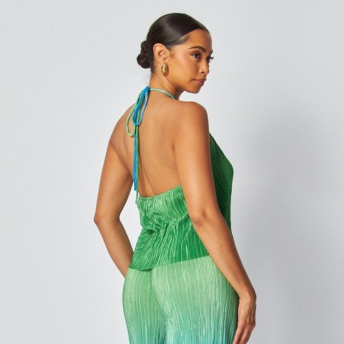 Two Tone Plissé Halter Top Pant Set in Green & Blue
