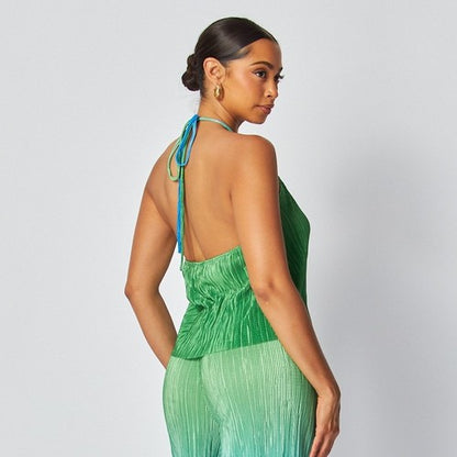 Two Tone Plissé Halter Top Pant Set in Green & Blue