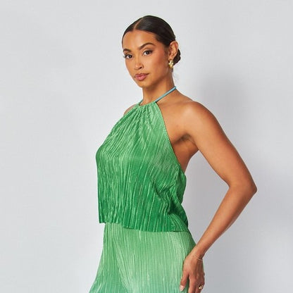 Two Tone Plissé Halter Top Pant Set in Green & Blue