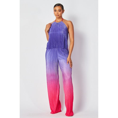 Two Tone Plissé Halter Top Purple & Pink