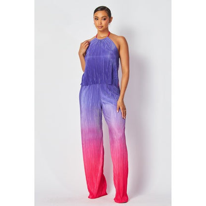 Two Tone Plissé Halter Top Purple & Pink