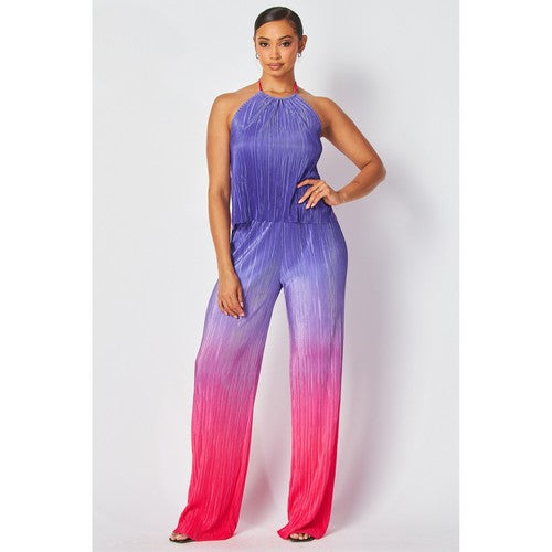 Two Tone Plissé Halter Top Purple & Pink