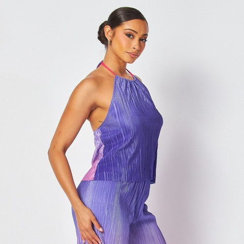 Two Tone Plissé Halter Top Purple & Pink