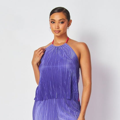 Two Tone Plissé Halter Top Purple & Pink