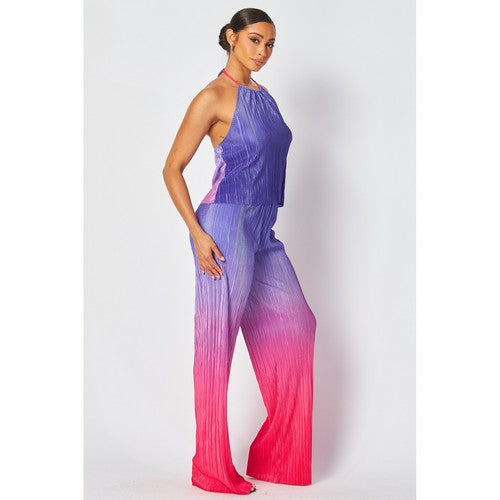 Two Tone Plissé Halter Top Purple & Pink
