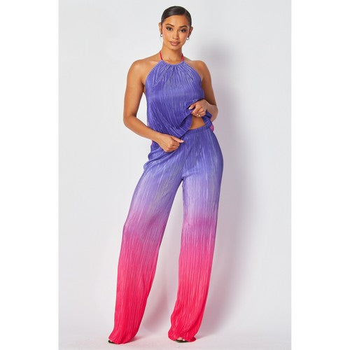Two Tone Plissé Halter Top Purple & Pink