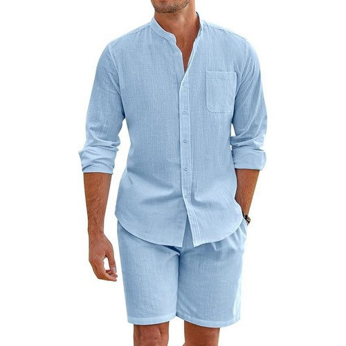 Linen Blend Short Set in Blue