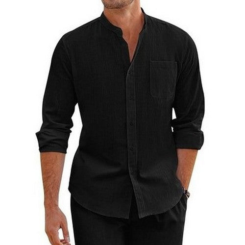 Linen Blend Grandad Shirt in Black