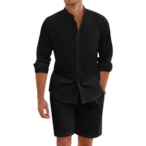 Linen Blend Short Set in Black