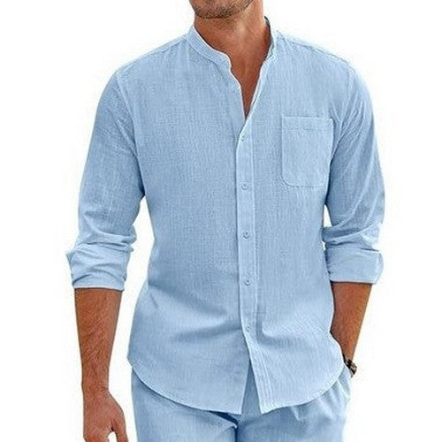 Linen Blend Grandad Shirt in Blue