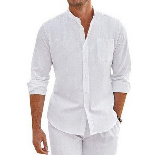 Linen Blend Grandad Shirt in White