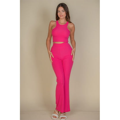 Rib Bootcut Pant Set in Fuchsia