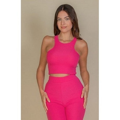 Rib Bootcut Pant Set in Fuchsia