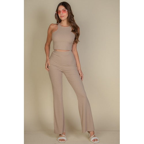 Rib Bootcut Pant Set in Taupe