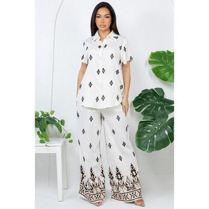Linen-Look Embroidered Pant Set in Ivory & Black