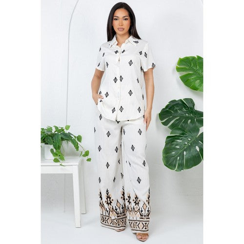 Linen-Look Embroidered Pant Set in Ivory & Black