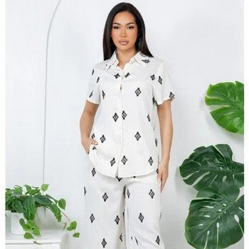 Linen-Look Embroidered Pant Set in Ivory & Black