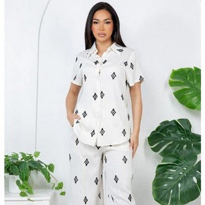 Linen-Look Embroidered Pant Set in Ivory & Black