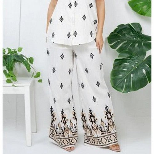 Linen-Look Embroidered Pant Set in Ivory & Black