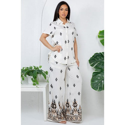 Embroidered Wide Leg Linen-Look Pants in Ivory & Black