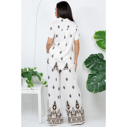 Embroidered Wide Leg Linen-Look Pants in Ivory & Black