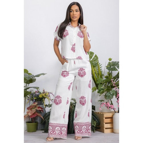 Embroidered Wide Leg Linen-Look Pants in White & Fuchsia
