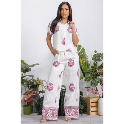 Embroidered Wide Leg Linen-Look Pants in White & Fuchsia