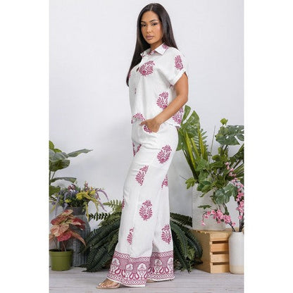 Embroidered Wide Leg Linen-Look Pants in White & Fuchsia