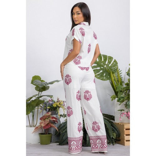 Embroidered Wide Leg Linen-Look Pants in White & Fuchsia