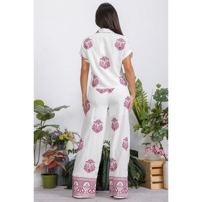 Embroidered Wide Leg Linen-Look Pants in White & Fuchsia