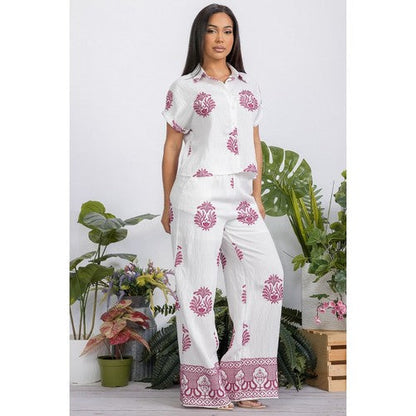 Embroidered Wide Leg Linen-Look Pants in White & Fuchsia