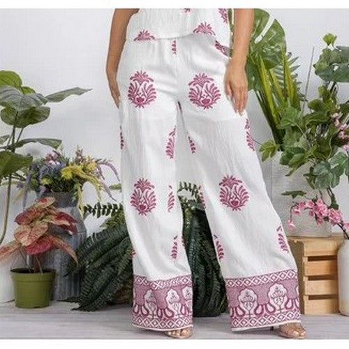 5631 Set Embroidered Wide Leg Linen Pants in White & Fuchsia