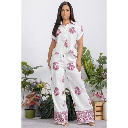 Embroidered Wide Leg Linen-Look Pants in White & Fuchsia