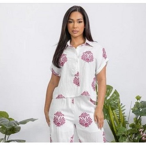 Linen-Look Embroidered Pant Set in White & Fuchsia