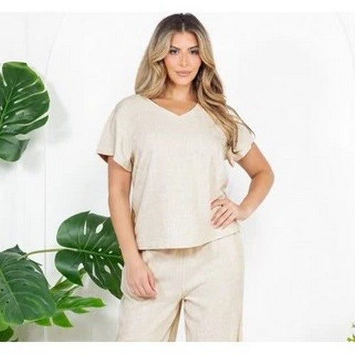 5651 Set V Neck Linen Top in Beige