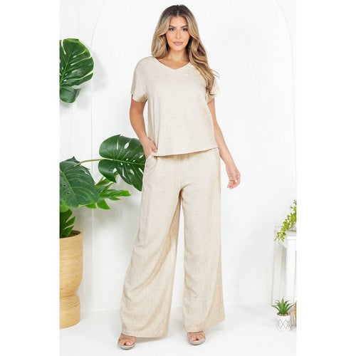 V Neck Linen Top in Beige