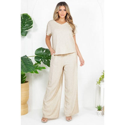 V Neck Linen Top in Beige