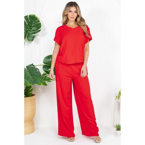 V Neck Linen Top in Red