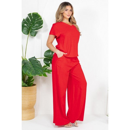 V Neck Linen Top in Red