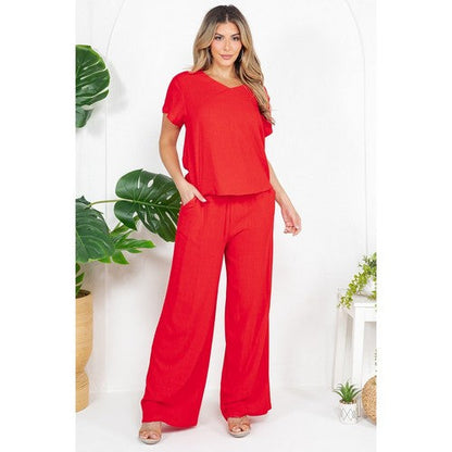 V Neck Linen Top in Red