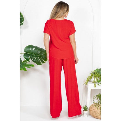 Tie Front Wide Leg Linen Pants in Red