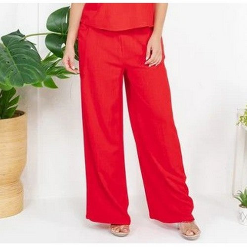 5651 Set Tie Front Wide Leg Linen Pants in Red