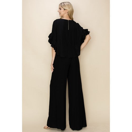 Linen Ruffle Top & Pant Set in Black