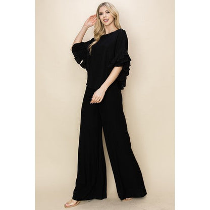 Linen Ruffle Top & Pant Set in Black