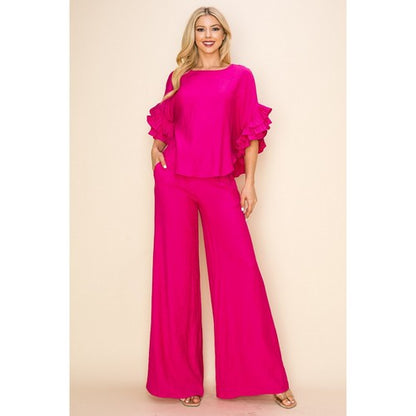 Linen Ruffle Top & Pant Set in Fuchsia