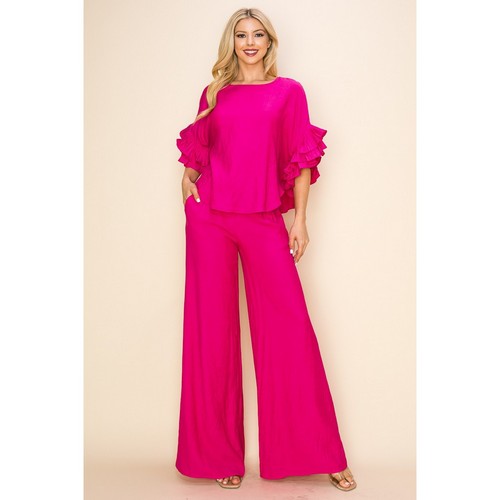 Linen Ruffle Top & Pant Set in Fuchsia