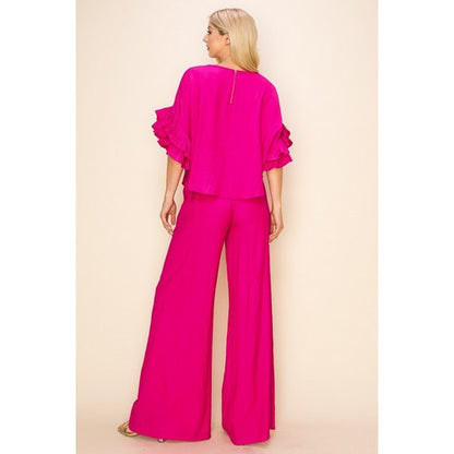 Linen Ruffle Top & Pant Set in Fuchsia