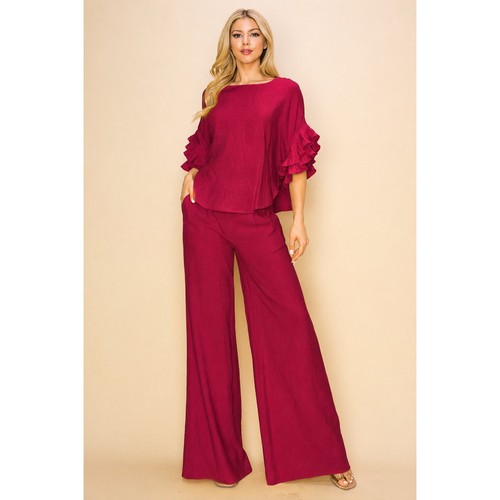 Linen Ruffle Sleeve Top in Burgundy