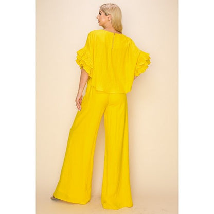 Linen Ruffle Top & Pant Set in Neon Mustard