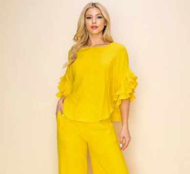 Linen Ruffle Top & Pant Set in Neon Mustard
